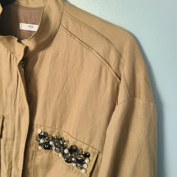 Mango Size XS Tan Beaded Linen Utility Jacket - Picture 3 of 6